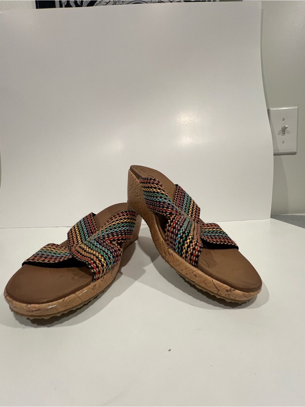 Skechers Multicolor Woven Wedge Slide Sandals - Brown Footbed